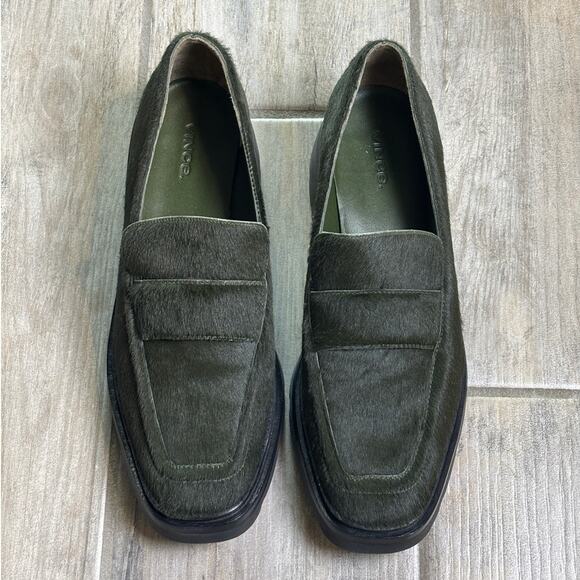 VINCE Robin Lug Loafer Chunky Square Toe Calf Hair Olive Green 10 NEW - Picture 2 of 5